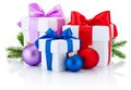 Three boxs tied ribbon bow, pine tree branch and christmas balls Royalty Free Stock Photo