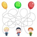 Three boys with balloons. Children`s picture with a riddle. Where is whose ball is?