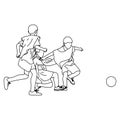 Three boys fighting soccer together vector illustration sketch doodle hand drawn with black lines isolated on white background