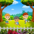 Three boys learning gardening outdoors