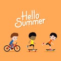Three boys riding skateboards and a bike. Cute cartoon Hello Summer illustration