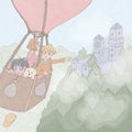 Three boys travel in a hot air ballon