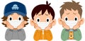 Three boys who put on a mask, and rest their cheek on their hand with a dissatisfaction face