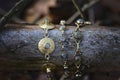 Brass bracelets with labradorite stone on wooden background Royalty Free Stock Photo