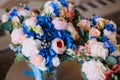 Three Bridal bouquets with creamy roses and peonies and blue hydrangeas. Wedding morning. Close-up Royalty Free Stock Photo