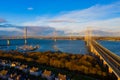 Three bridges, Forth railway Bridge, Forth Road Bridge and Queensferry Crossing, over Firth of Forth near Queensferry in Scotland Royalty Free Stock Photo