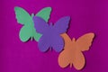 Three bright and coloured butterflies made of soft material on a fuchsia rag background