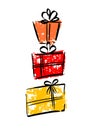 Three bright gift boxes with bows and ribbons. Gifts for Christmas, New Year and other holidays.