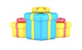 Three bright rectangle cube wrapped festive gift boxes for celebrating Valentines, birthday 3d icon