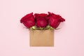 Three bright red rose flowers in brown craft envelope with copy space Royalty Free Stock Photo