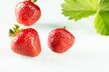 Three bright strawberries and a green strawberry leaf on a white mirror background Royalty Free Stock Photo