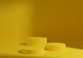 Three bright, sunny yellow podiums or stands on background for product display. Minimal composition for product display 3D