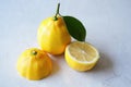Three bright yellow lemons with a green leaf on a white background Royalty Free Stock Photo