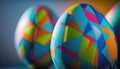 three brightly colored easter eggs on a blue surface with a black background