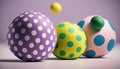 three brightly colored eggs with polka dots on a purple background