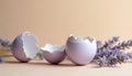 Three broken pastel purple Easter eggs on beige surface with lavender flowers. Eggshells cracked open with white interior. Purple Royalty Free Stock Photo