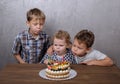 Three brothers blow out candles on birthday cake