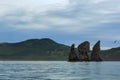 Three Brothers Rocks in the Avacha Bay of Pacific Ocean. Coast of Kamchatka.