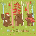 Three brown bears, trees and snowflakes