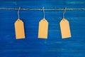 Three brown blank paper price tags or labels set hanging on a rope on the blue background. Royalty Free Stock Photo