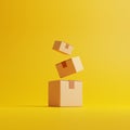 Three brown cardboard boxes float on a yellow background