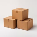 three brown cardboard boxes stacked up against each other on a plain surface