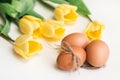 Three brown chicken eggs and yellow tulips on a white background Royalty Free Stock Photo