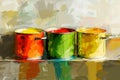 Three buckets filled with different colored paints arranged in an abstract composition, An abstract representation of the step-by- Royalty Free Stock Photo