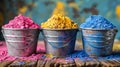 Three Buckets Filled With Different Colored Powder Royalty Free Stock Photo