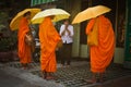 Three Buddhist monks bless an elderly lady in Phnom Phen, Cambodia