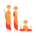 Three Buddhist monks in orange clothes and in different poses vector Illustration