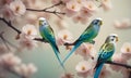 Three Budgerigars Perched On A Branch Of Pink Cherry Blossoms