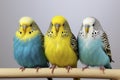 three budgies on a branch on white background