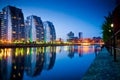 three buildings and bridge salford quays Royalty Free Stock Photo