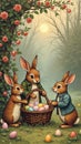 Three bunnies in garden with easter egg basket at sunrise Royalty Free Stock Photo