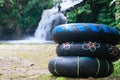 three buoys at a waterfall tourist spot in Linggang Melapeh village, West Kutai, East Kalimantan