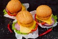 Three burgers with falafel, salad, cheese, tomatoes, chili peppers and fork on black background. Traditional Middle Eastern food Royalty Free Stock Photo