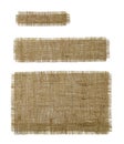 Three burlap rectangular and oblong pieces isolated on white background. Natural color sackcloth patch with torn edges. Rough Royalty Free Stock Photo