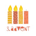 Three burning advent candles vector illustration. Third sunday in advent. 3. Advent german text. Flat Holiday design with candles