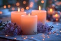 Three burning candles on a background with blurred lights Royalty Free Stock Photo