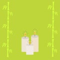 Three burning candles and bamboo. Green background Flat design