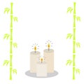 Three burning candles and bamboo. White background Isolated Flat design Royalty Free Stock Photo