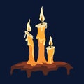 Three burning candles on a black background. Vector illustration.