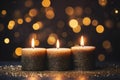 Three burning candles in close-up grace an abstract black backdrop, inviting contemplation of a celebratory atmosphere. festive