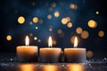 Three burning candles in close-up grace an abstract black backdrop, inviting contemplation of a celebratory atmosphere. festive