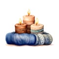 Three burning candles surrounded by Jewish cloth, isolated on a white background. Hanukkah as a traditional Jewish holiday Royalty Free Stock Photo