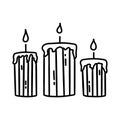 Three burning candles. Wax or paraffin. Hand drawn vector
