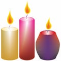 Three burning candles on white the background