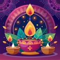 Three burning diyas with a central flame surrounded by leaves and mandala designs Royalty Free Stock Photo