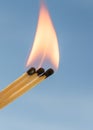 Three burning matches on a blue background Royalty Free Stock Photo
